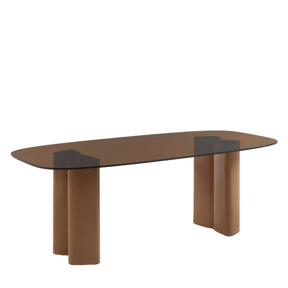 ALTY Table à manger 8 personnes en verre et pieds bois terracotta