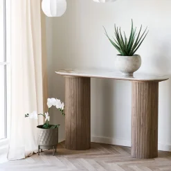ATHENS Console aux bords arrondis effet marbre et bois L120cm
