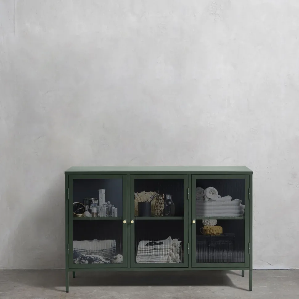 BJORN Buffet 3 portes en verre strié et métal L132cm