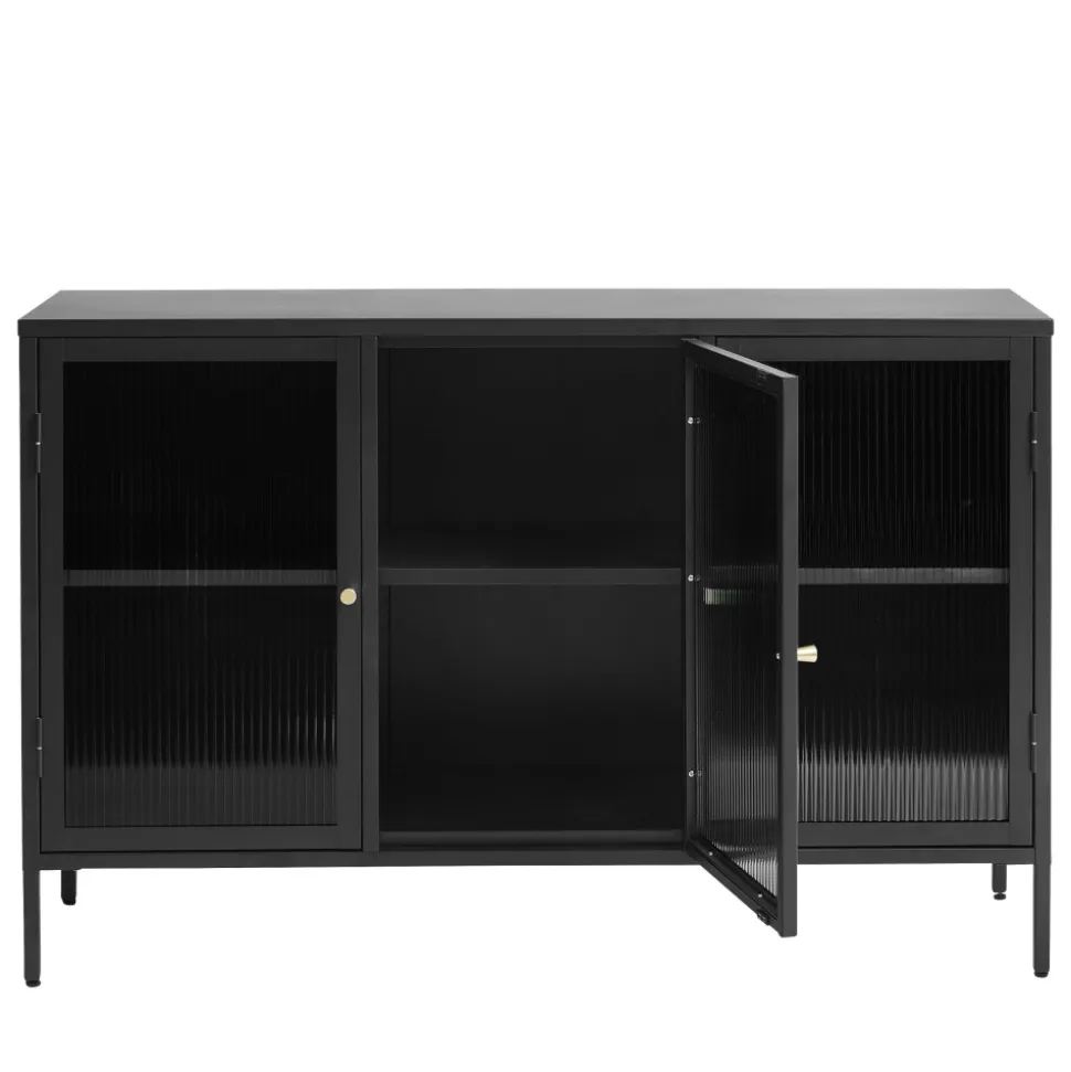 BJORN Buffet 3 portes en verre strié et métal L132cm