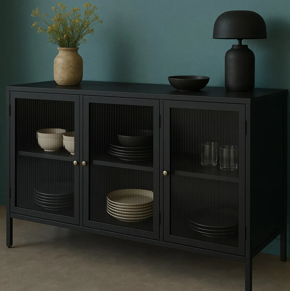 BJORN Buffet 3 portes en verre strié et métal L132cm