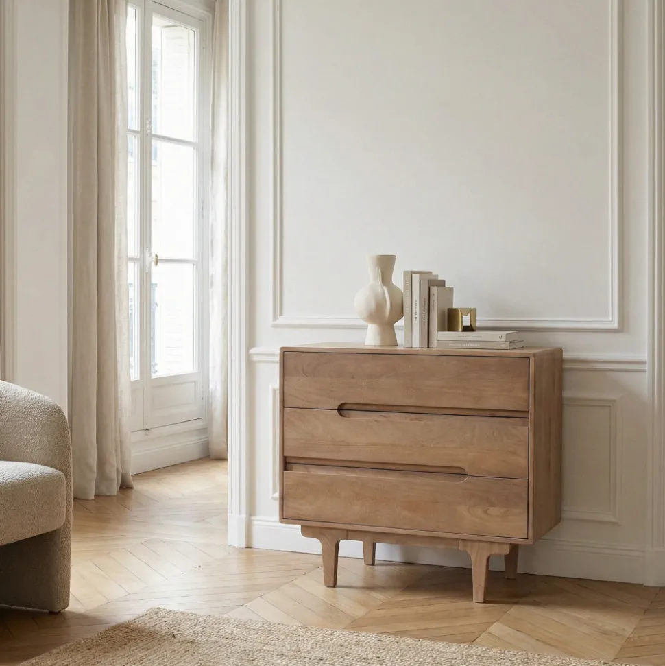 BOGOR Commode 3 tiroirs en bois massif L80cm