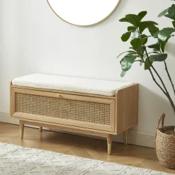 BOMBONG Banc d'entrée avec rangement chaussures en bois et cannage L100cm