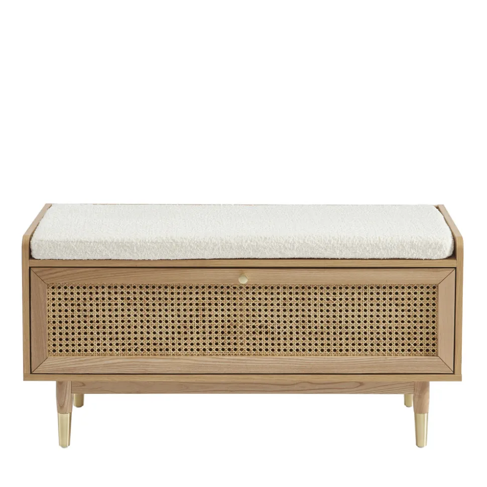 BOMBONG Banc d'entrée avec rangement chaussures en bois et cannage L100cm