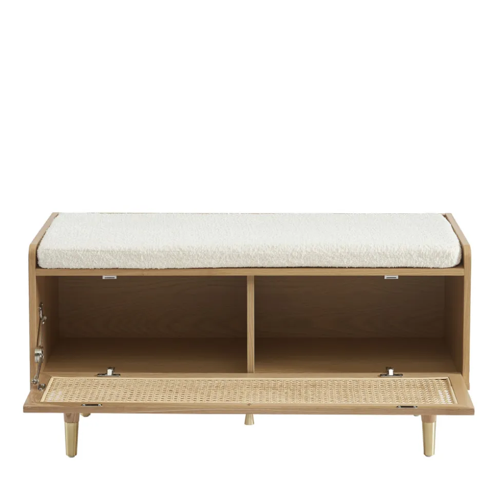 BOMBONG Banc d'entrée avec rangement chaussures en bois et cannage L100cm