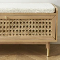 BOMBONG Banc d'entrée avec rangement chaussures en bois et cannage L100cm