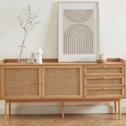 BOMBONG Buffet 2 portes 3 tiroirs en bois et cannage L180cm