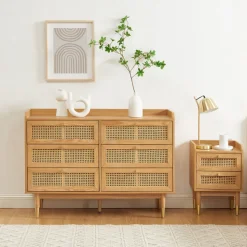 BOMBONG Commode 6 tiroirs en bois et cannage L120cm