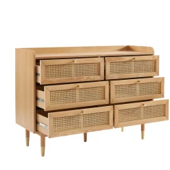 BOMBONG Commode 6 tiroirs en bois et cannage L120cm