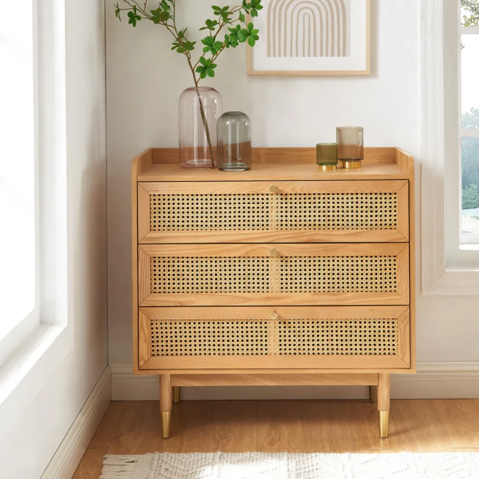 BOMBONG Commode 3 tiroirs en bois et cannage L85cm