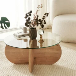 BULLY Table basse ronde en verre trempé et bois ø75cm