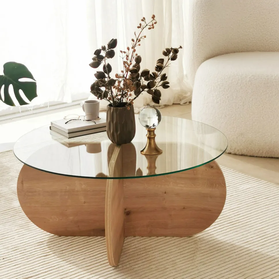 BULLY Table basse ronde en verre trempé et bois ø75cm