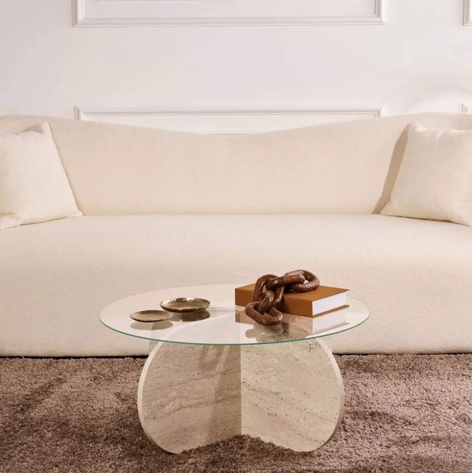 BULLY Table basse ronde en verre trempé et effet travertin ø75cm