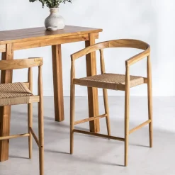 BURI Lot de 2 fauteuils de bar en teck et corde tressé H65cm