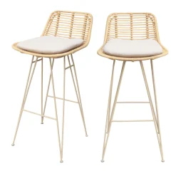 CAPURGANA Lot de 2 chaises de bar design en rotin pieds beige H67cm