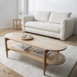 ELLOS Table basse ovale en bois et cannage