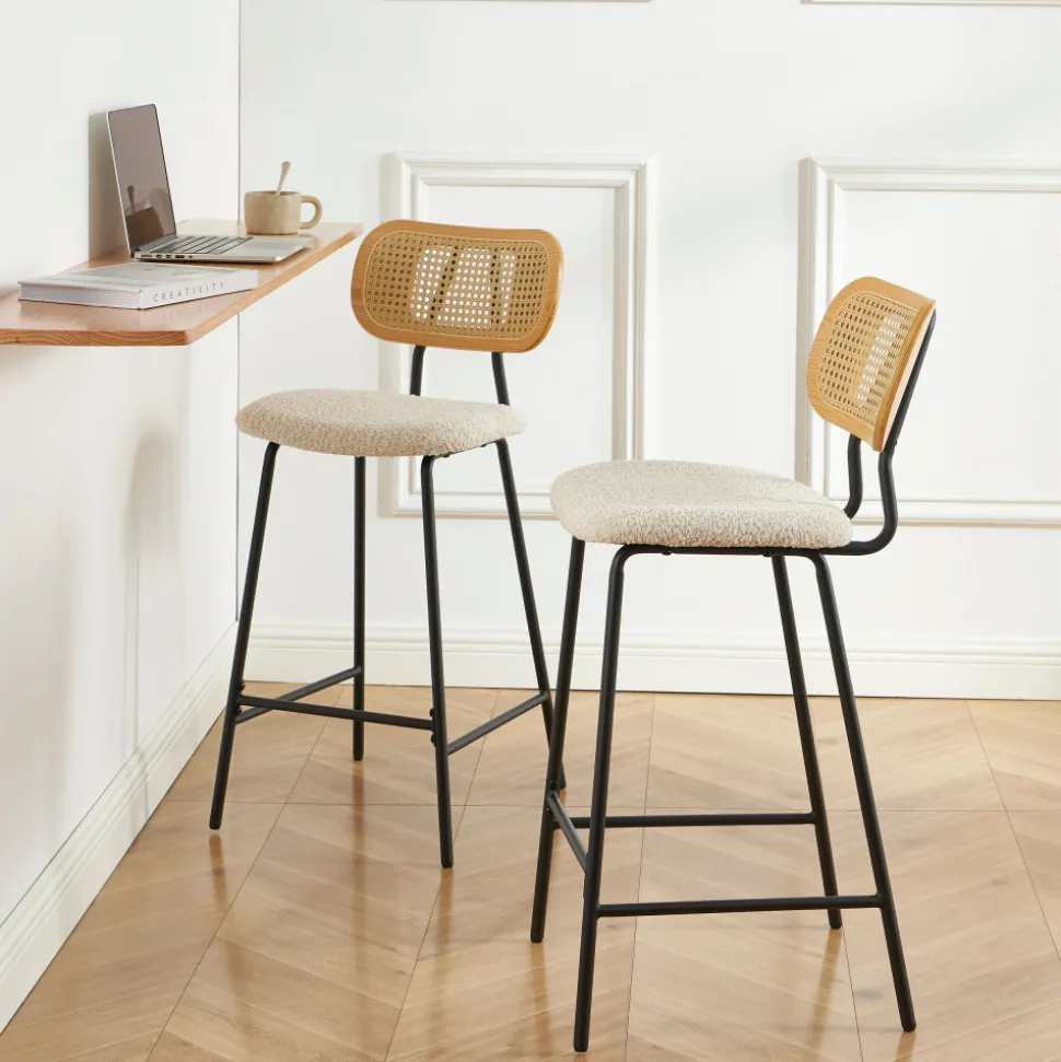EMA Lot de 2 tabourets de bar en tissu bouclette et métal H66,5cm