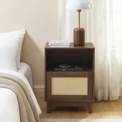 ESTELA Table de chevet 1 porte en bois et cannage
