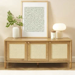 IRIS Meuble TV 3 portes en bois et cannage L120cm