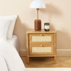 IRIS Table de chevet 2 tiroirs en bois et cannage