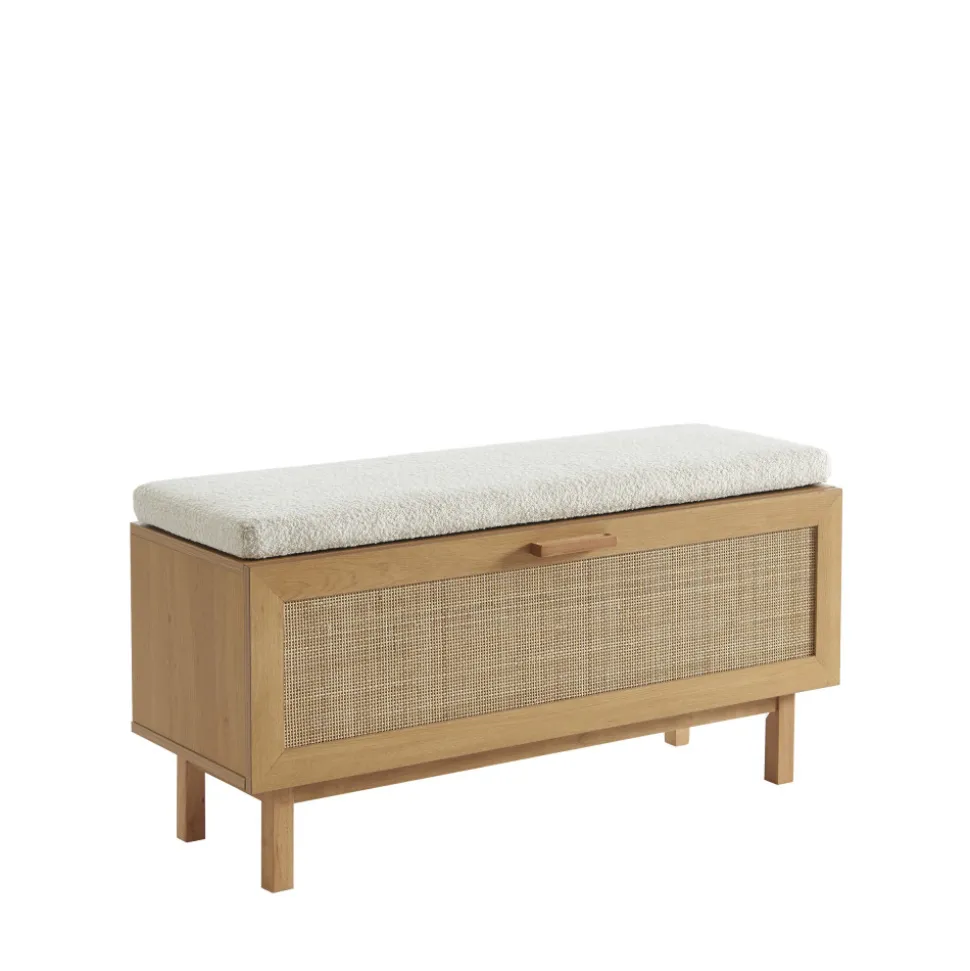 JUNE Banc d'entrée avec rangement chaussures en bois et cannage L100cm