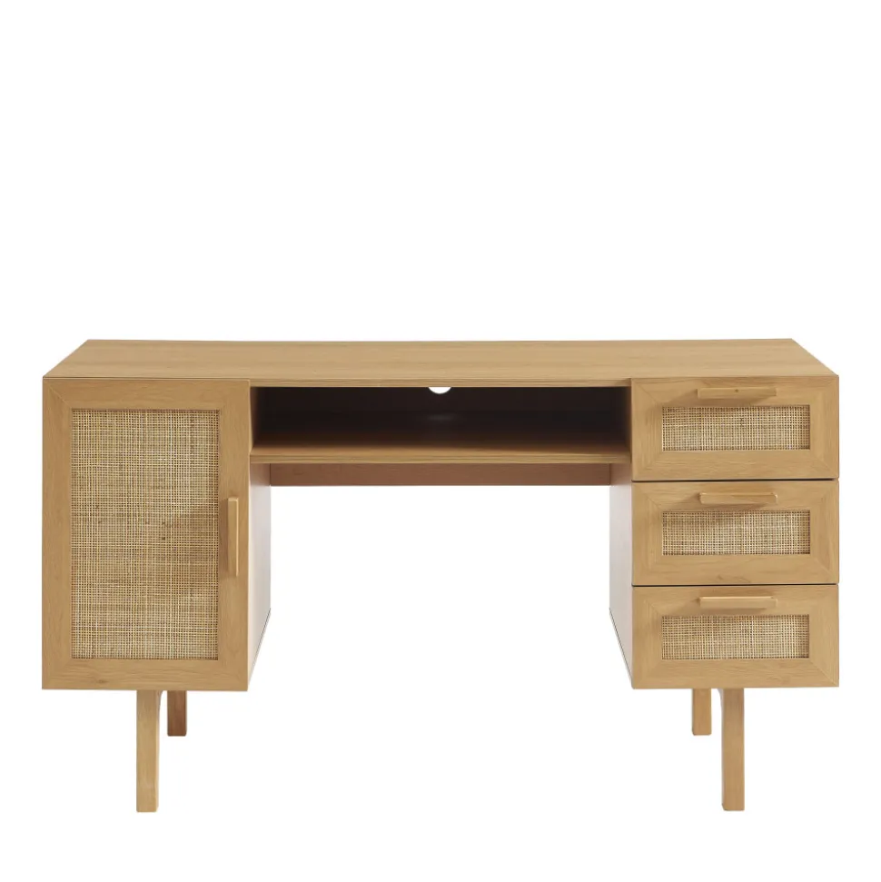 JUNE Bureau 1 porte 3 tiroirs en bois et cannage L135cm