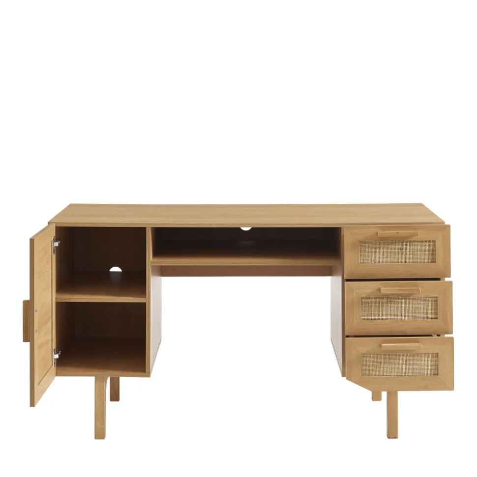JUNE Bureau 1 porte 3 tiroirs en bois et cannage L135cm