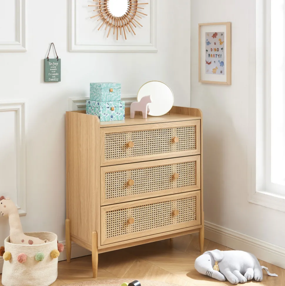 LILOU Commode enfant 3 tiroirs en bois et cannage 80cm
