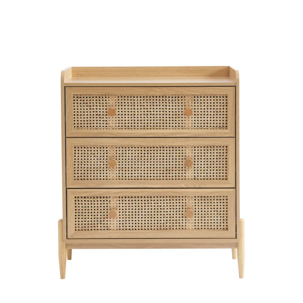 LILOU Commode enfant 3 tiroirs en bois et cannage 80cm