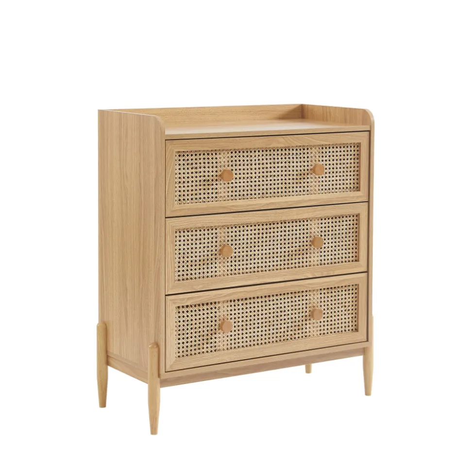 LILOU Commode enfant 3 tiroirs en bois et cannage 80cm
