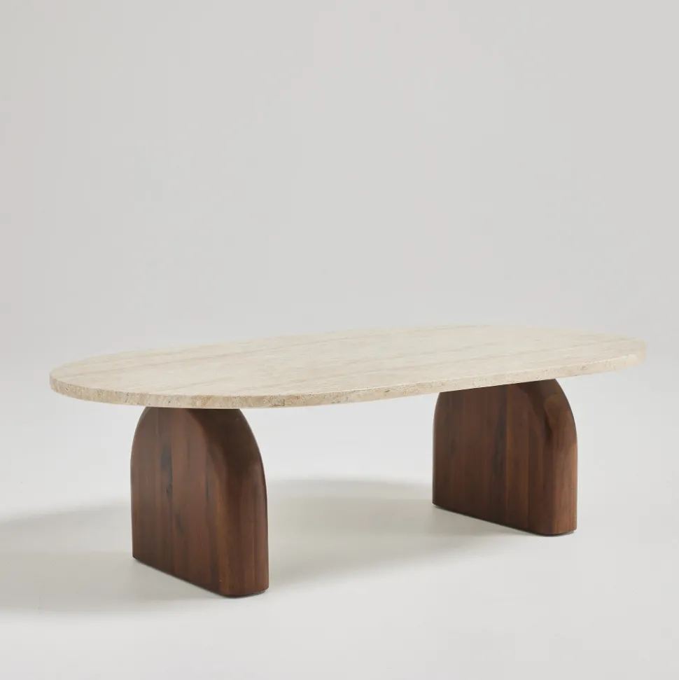 LIPALI Table basse en effet travertin et bois 100x60cm