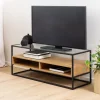 LUMA Meuble TV en verre, bois et métal L120cm