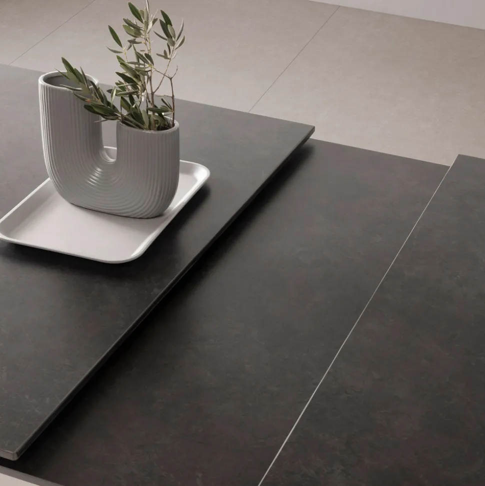 MYSTARA Table à manger extensible 6 à 8 personnes en céramique et métal 150-200x85cm