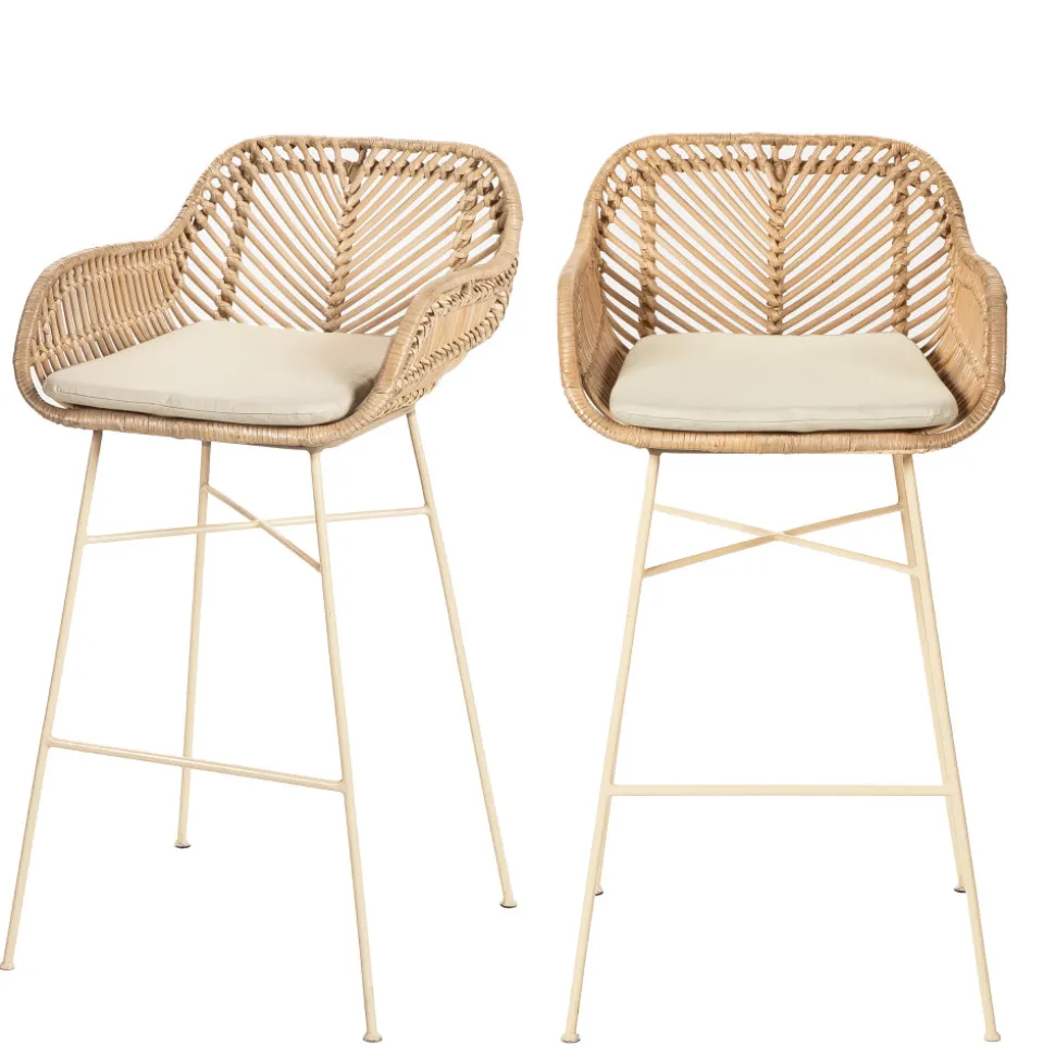 NUNUHAI Lot de 2 tabourets de bar en rotin pieds beiges H68cm