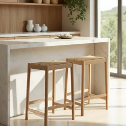 PAOLO Tabouret de bar en corde tressée et bois H65cm