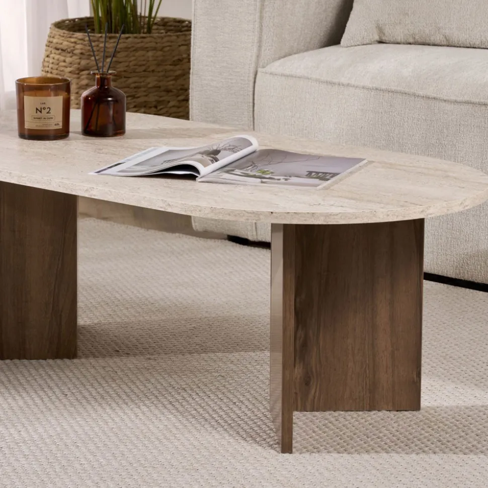 SAM Table basse ovale en bois et effet travertin