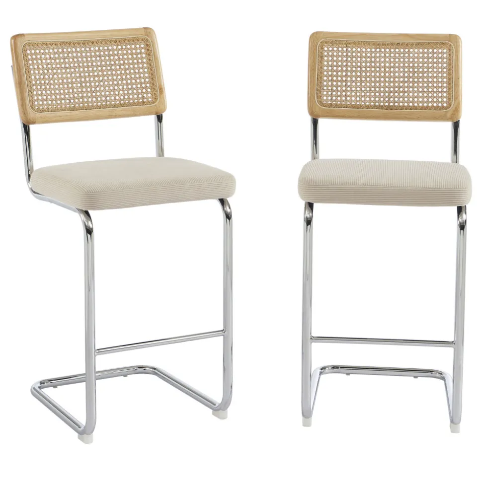 SKANA Lot de 2 chaises de bar en velours côtelé pieds chrome H66cm