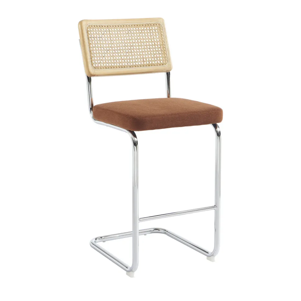 SKANA Lot de 2 chaises de bar en velours côtelé pieds chrome H66cm