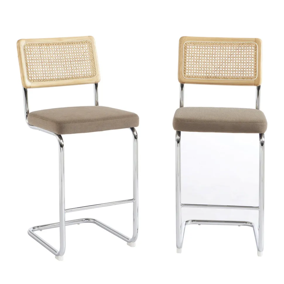 SKANA Lot de 2 chaises de bar en velours côtelé pieds chrome H66cm