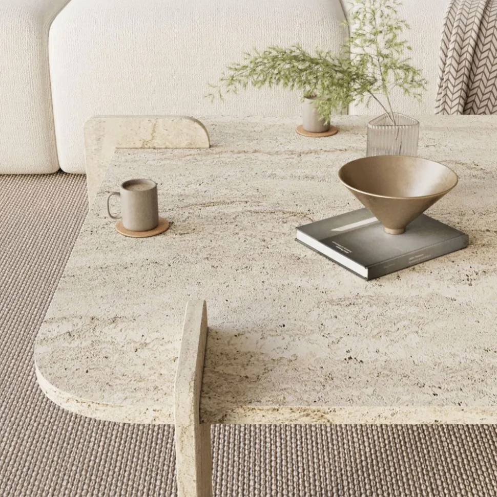 SOLENI Table basse effet travertin 90x90cm