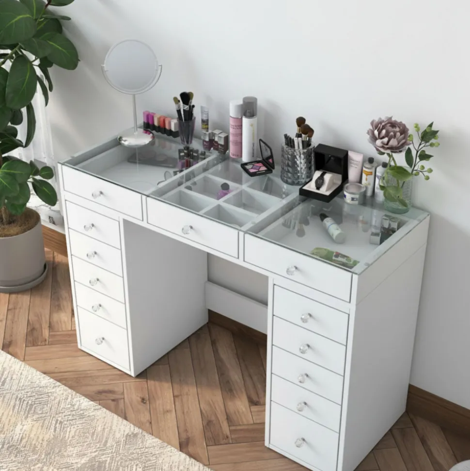 TIYA Coiffeuse 13 tiroirs avec plateau en verre L120cm