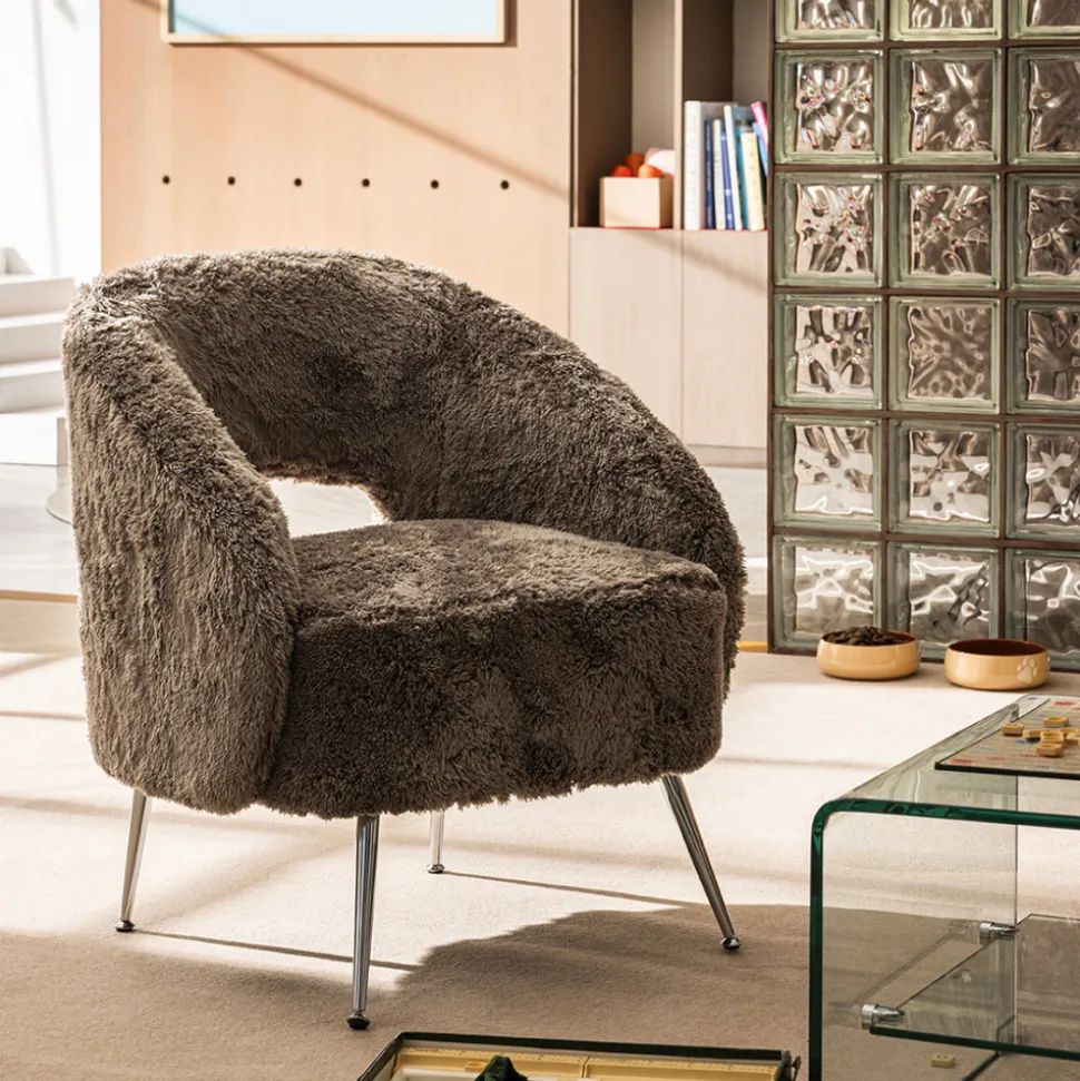 VERNO Fauteuil imitation fourrure pieds chrome