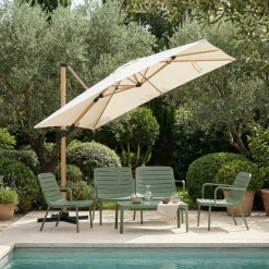VEYA Parasol carré déporté en aluminium et effet bois 3x3m