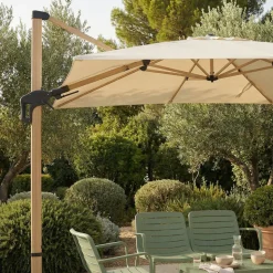 VEYA Parasol carré déporté en aluminium et effet bois 3x3m