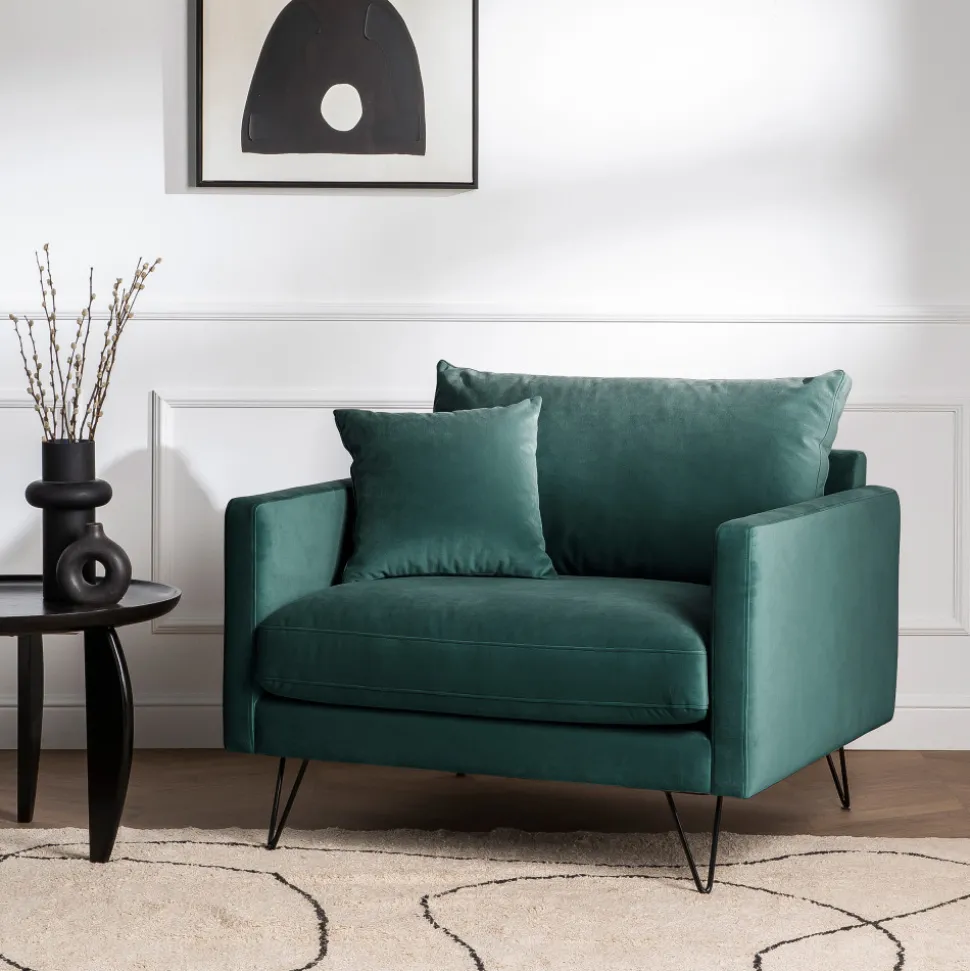 VILLABON Fauteuil XL en velours pieds épingles noirs