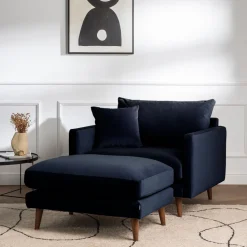 VILLABON Pouf en velours pieds bois foncé
