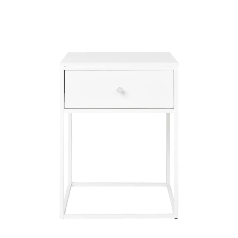 VITA Table de chevet avec tiroir en bois et métal blanc
