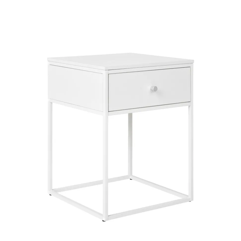 VITA Table de chevet avec tiroir en bois et métal blanc