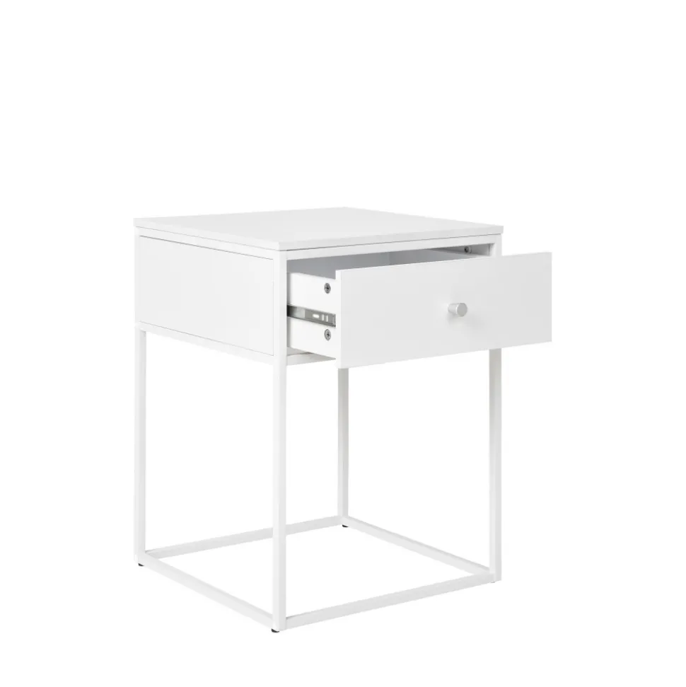 VITA Table de chevet avec tiroir en bois et métal blanc
